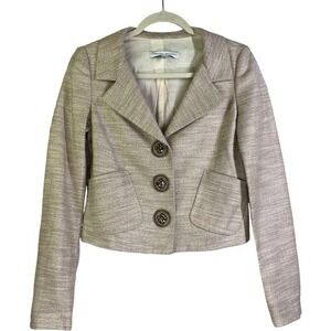 CAROLINA HERRERA Beige Metallic Lapel Collars Rhinestone Buttons Lined Blazer‎